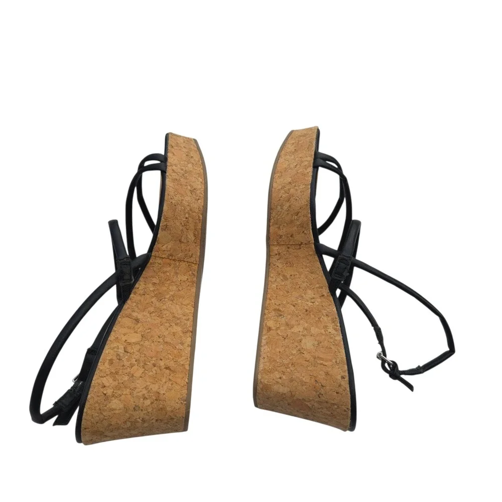 Sun + Stone Bellah Sandals Women Size 9 Black Strappy Cork Platform Wedge Summer